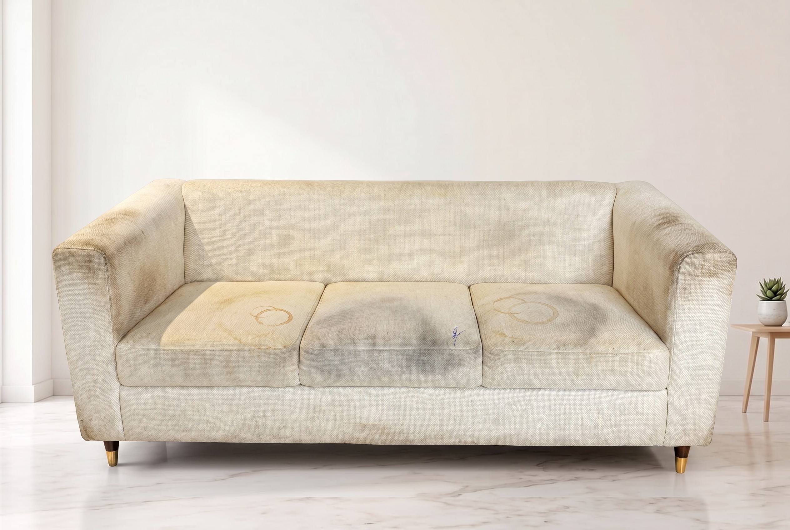 A cream 3-seater sofa after five years of use, with visible stains and worn upholstery