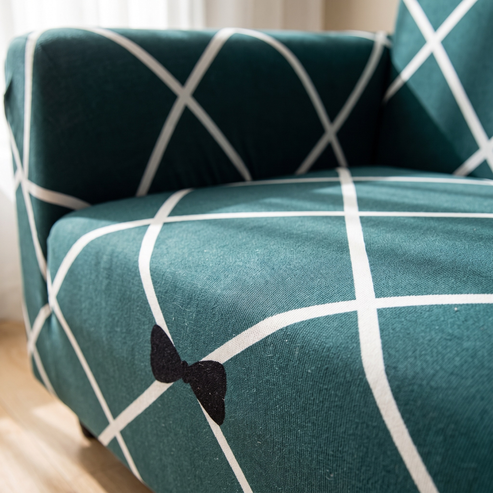 Lattice Weave fabric detail in Deep Green — knit texture, lattice lines and bow motif