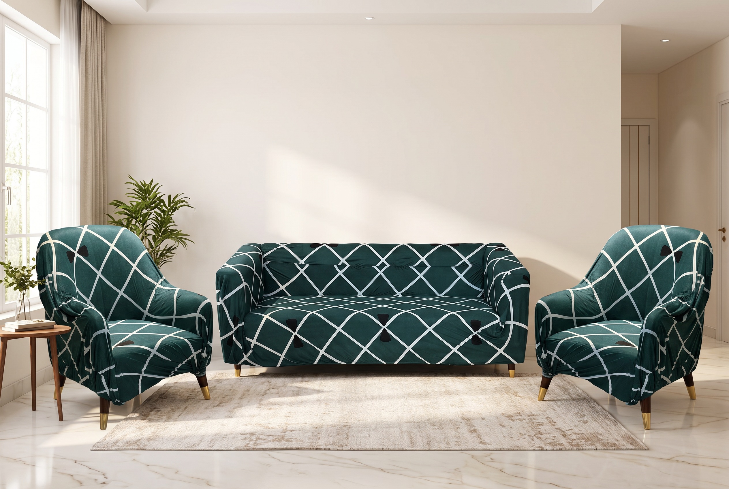Lattice Weave Cover Set in Deep Green — full 3+1+1 set in a living room