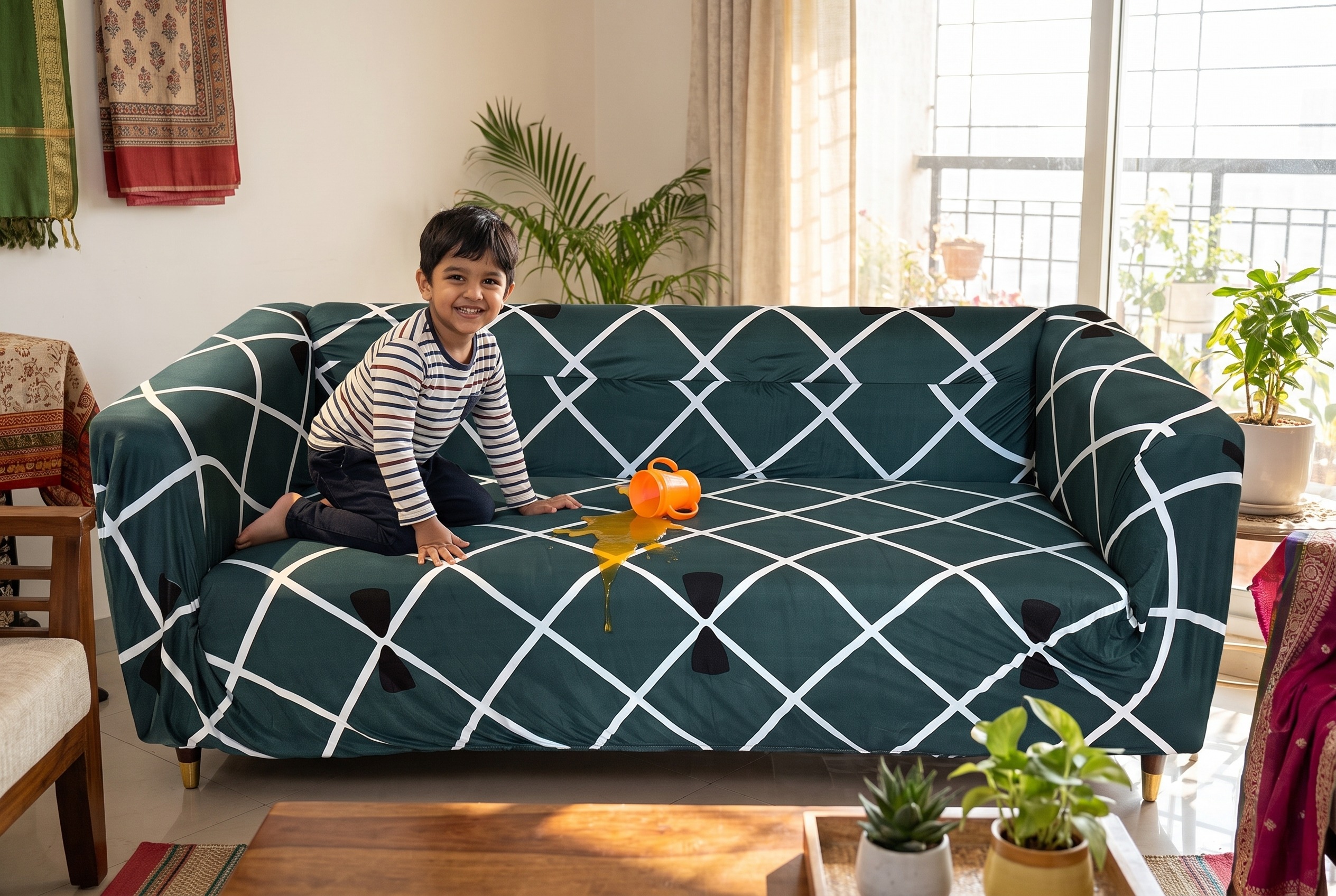 Lattice Weave cover in Deep Green — spilled juice wiping straight off the knit; machine washable